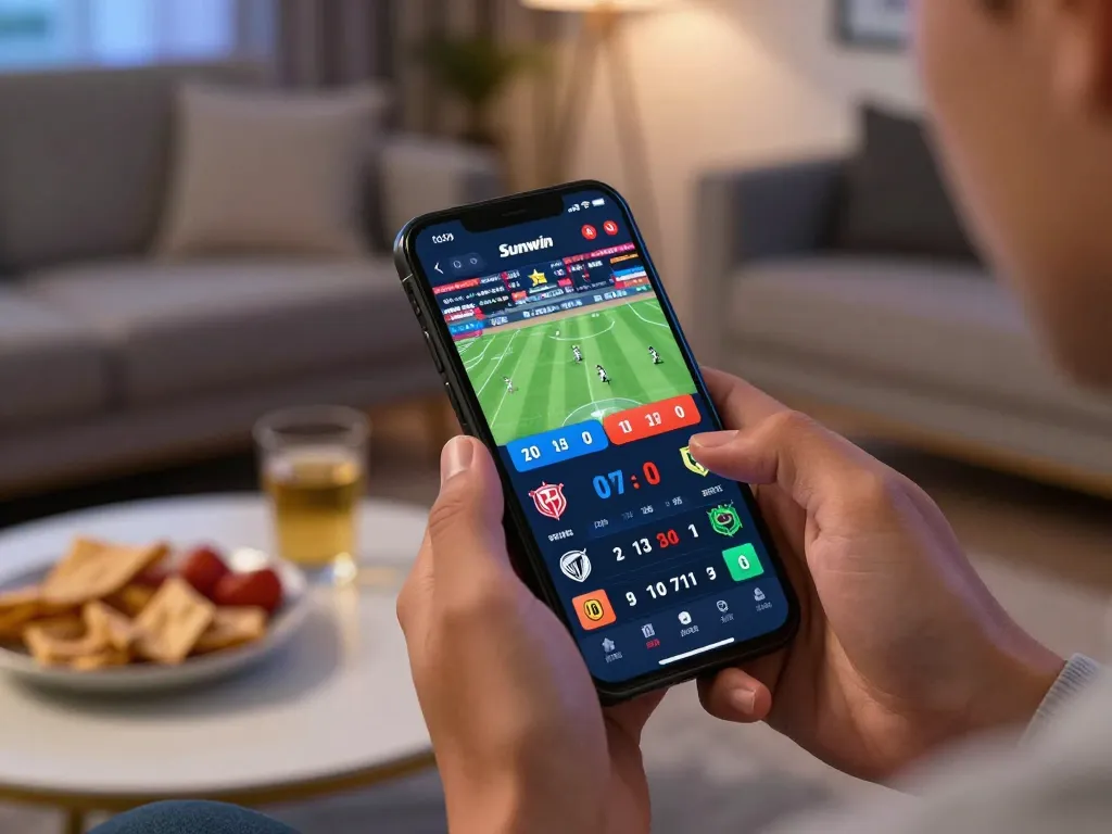 Engaging smartphone sports betting experience on Sunwin's platform in a lively living room.