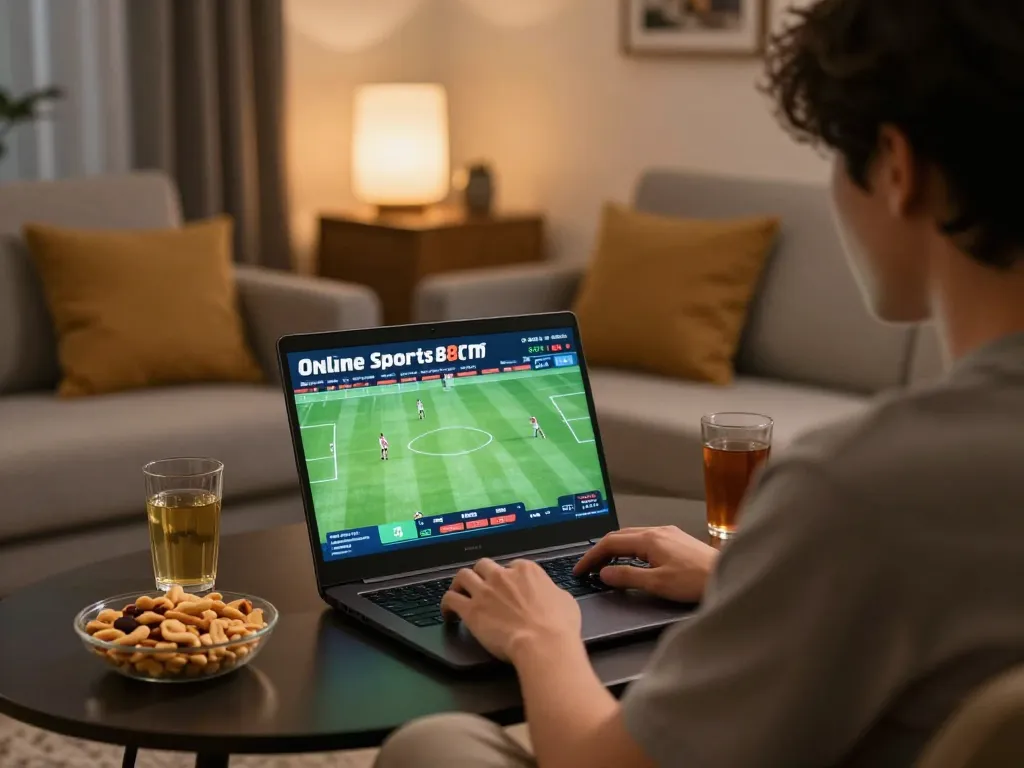 Person strategizing sports bets on keonhacaii88 in cozy home setting with laptop and snacks.