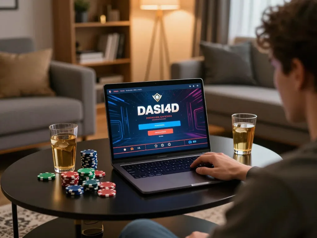 Antarmuka login DASI4D yang ditampilkan selama sesi permainan kasino online yang intens di rumah.