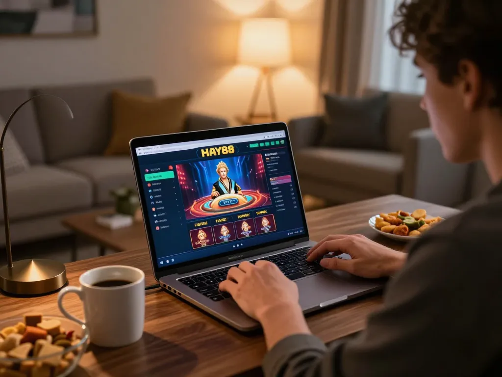 Engaging online gambler enjoying HAY88 slots on a laptop in a cozy home setting.
