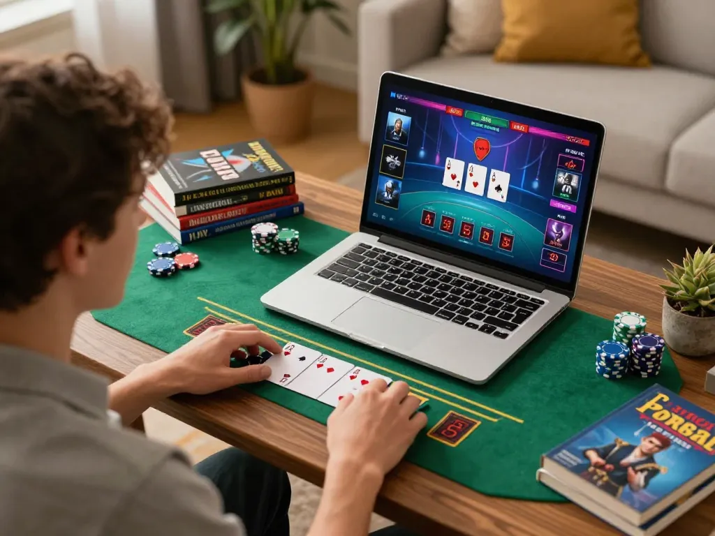 Engaging in live dealer blackjack on LC88 from home with strategic gaming setup.