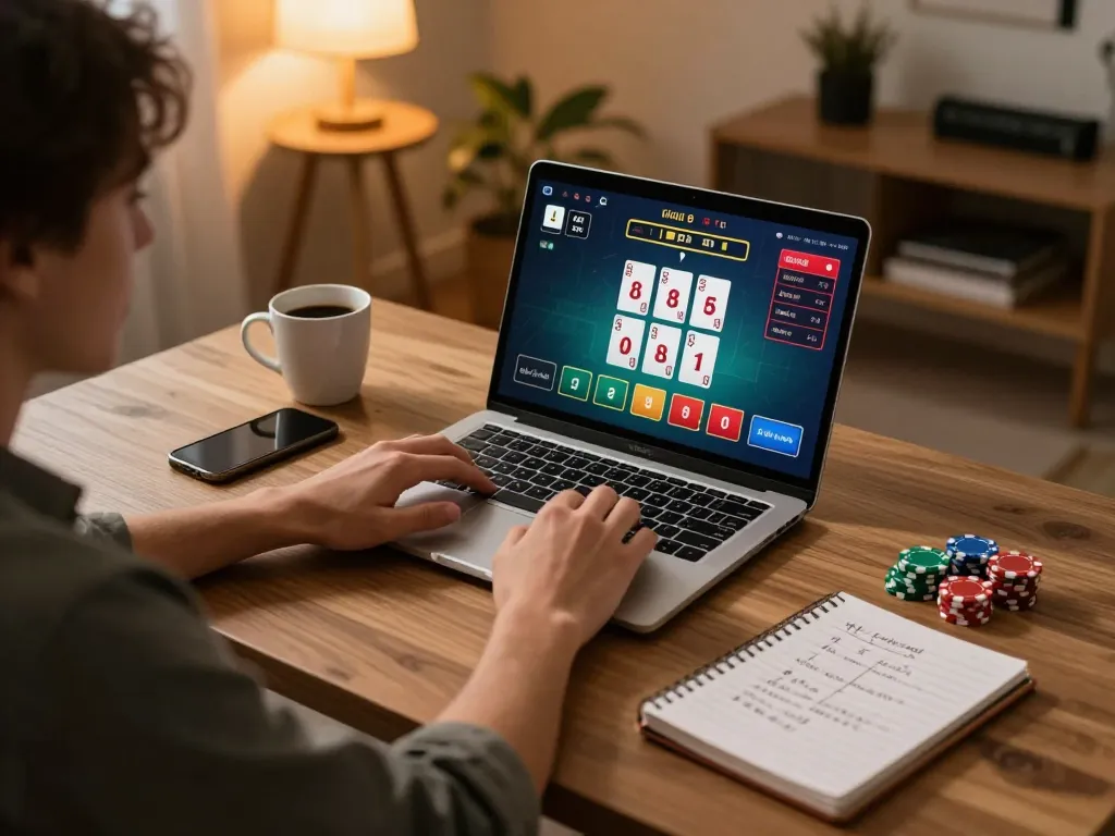 Player enjoying immersive 98win live casino experience on laptop with strategic notes beside.