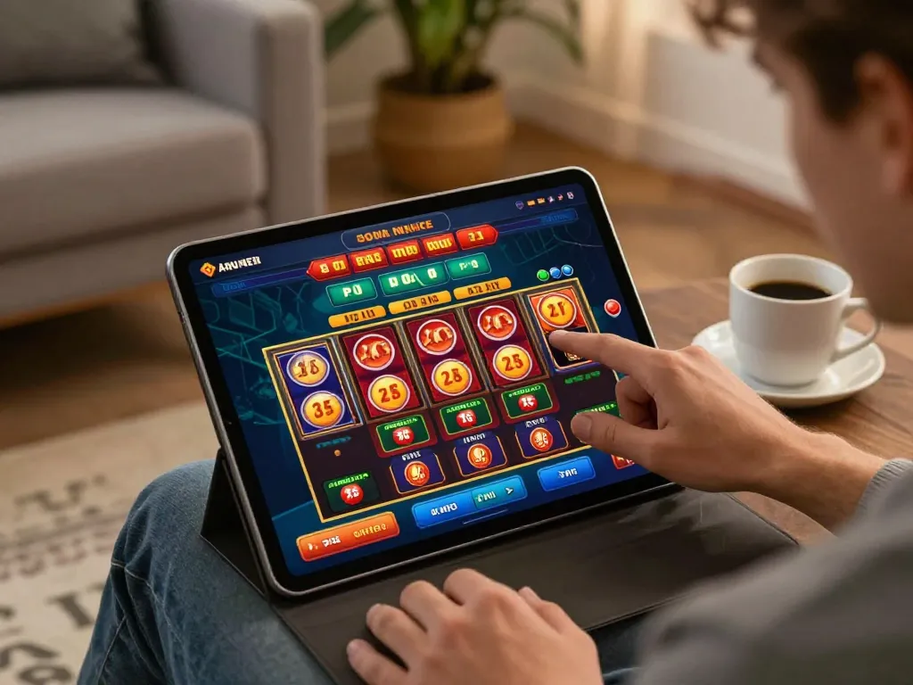 Engaging in uu88 bet for online gaming with a tablet in a cozy home setting.