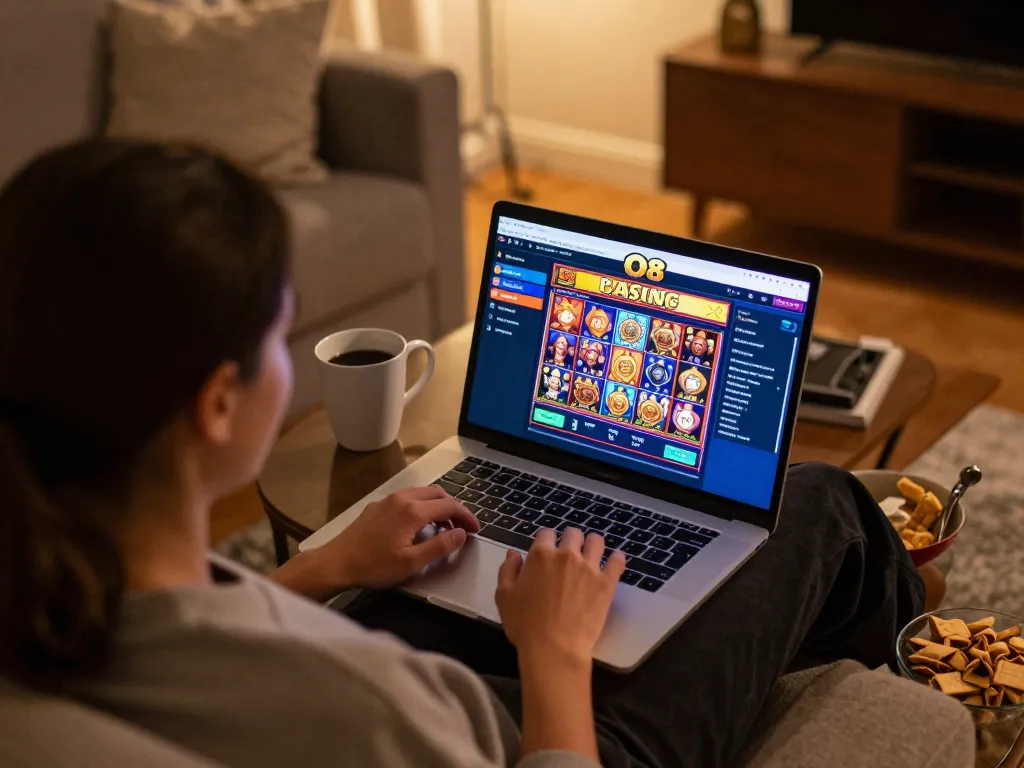 Player engaging with O8 online casino games at home, showcasing strategic gameplay in a cozy atmosphere