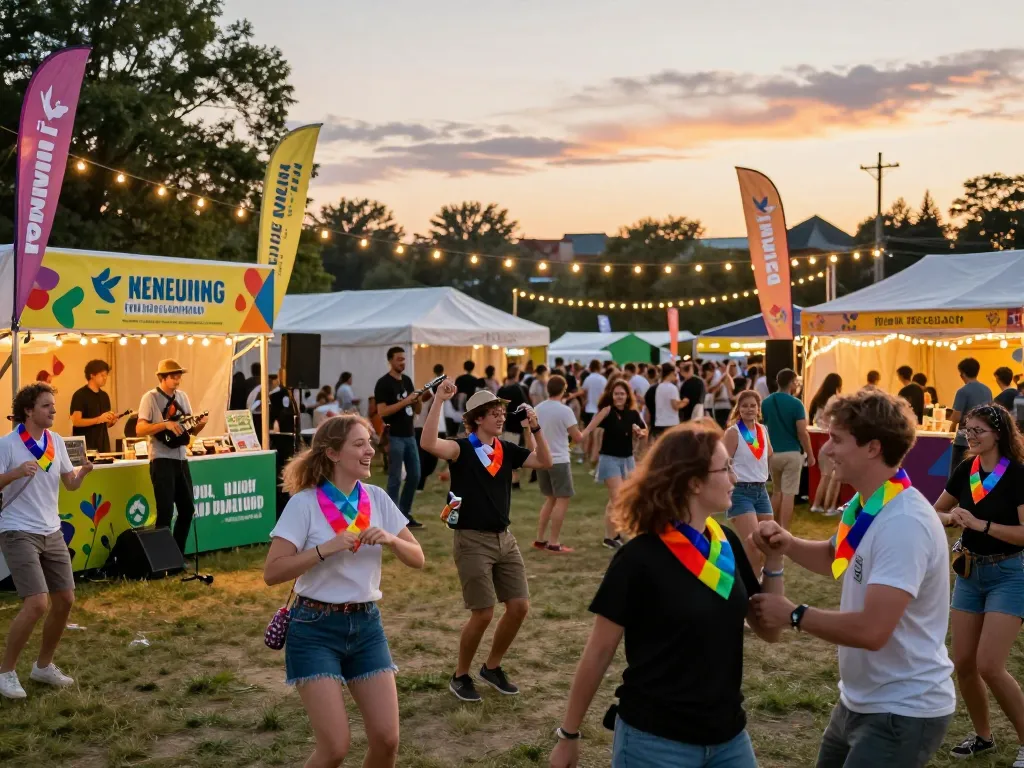 Attendees at a festival wearing einlassbändchen enjoying music and food in a vibrant outdoor setting.