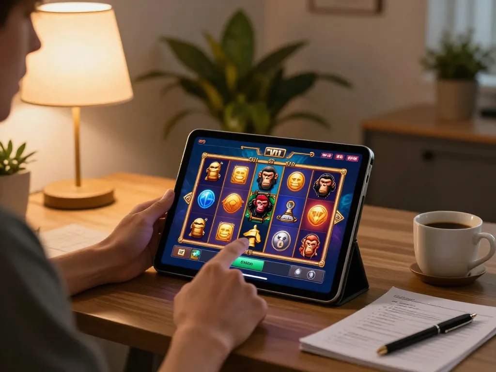 Player enjoying online slots on a tablet while focusing on the agen terpercaya interface and strategy notes.