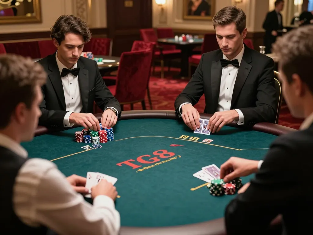 Players strategizing at a TG88 poker table under warm lighting, capturing the thrill of the game