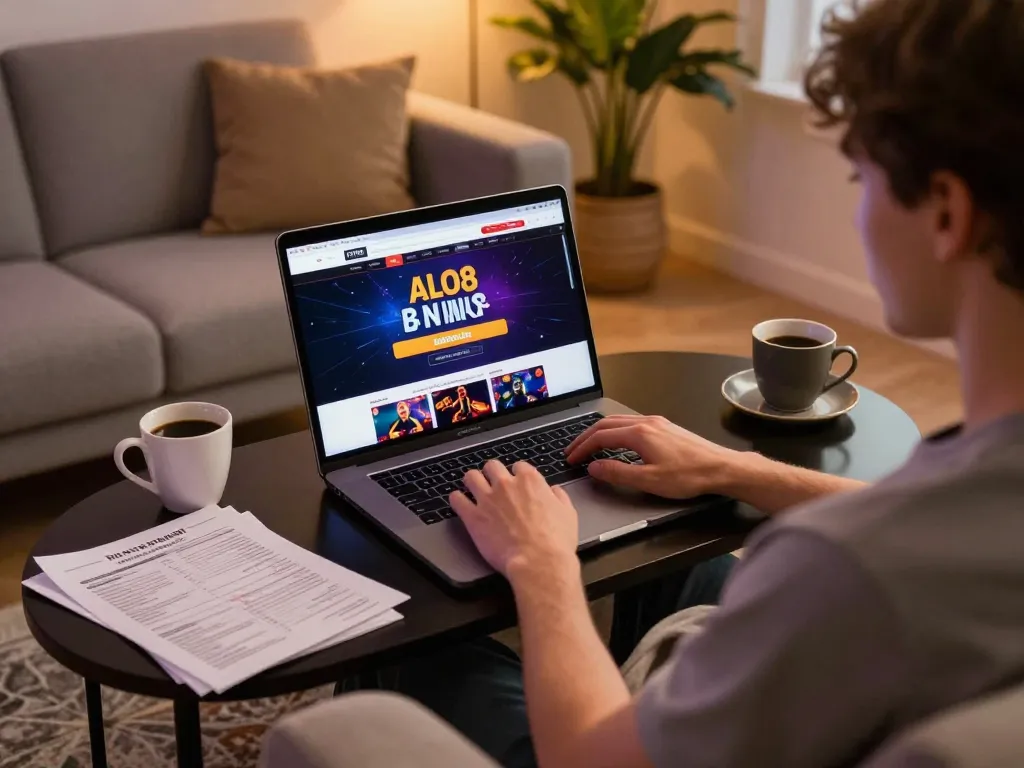 Player engaging with ALO8 online casino, displaying strategic game interface and cozy home atmosphere.