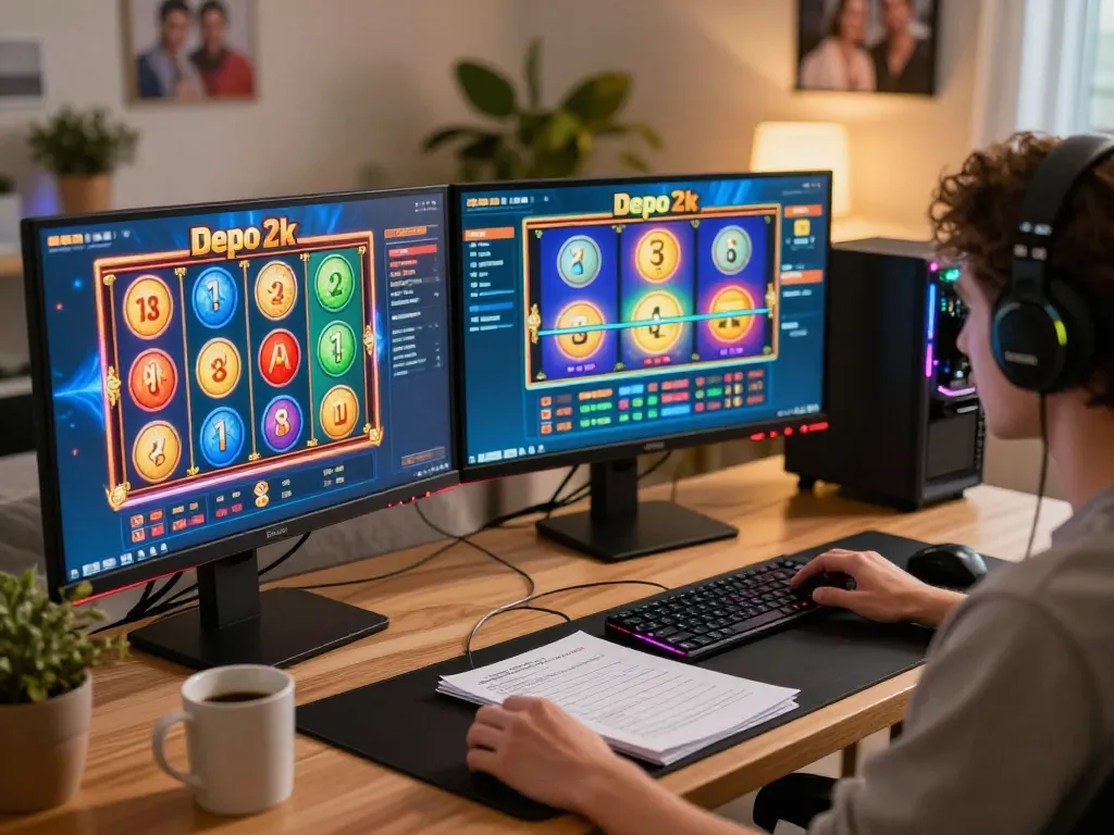 Person enjoying slot depo 2k gaming on dual monitors at home setup with strategy notes.