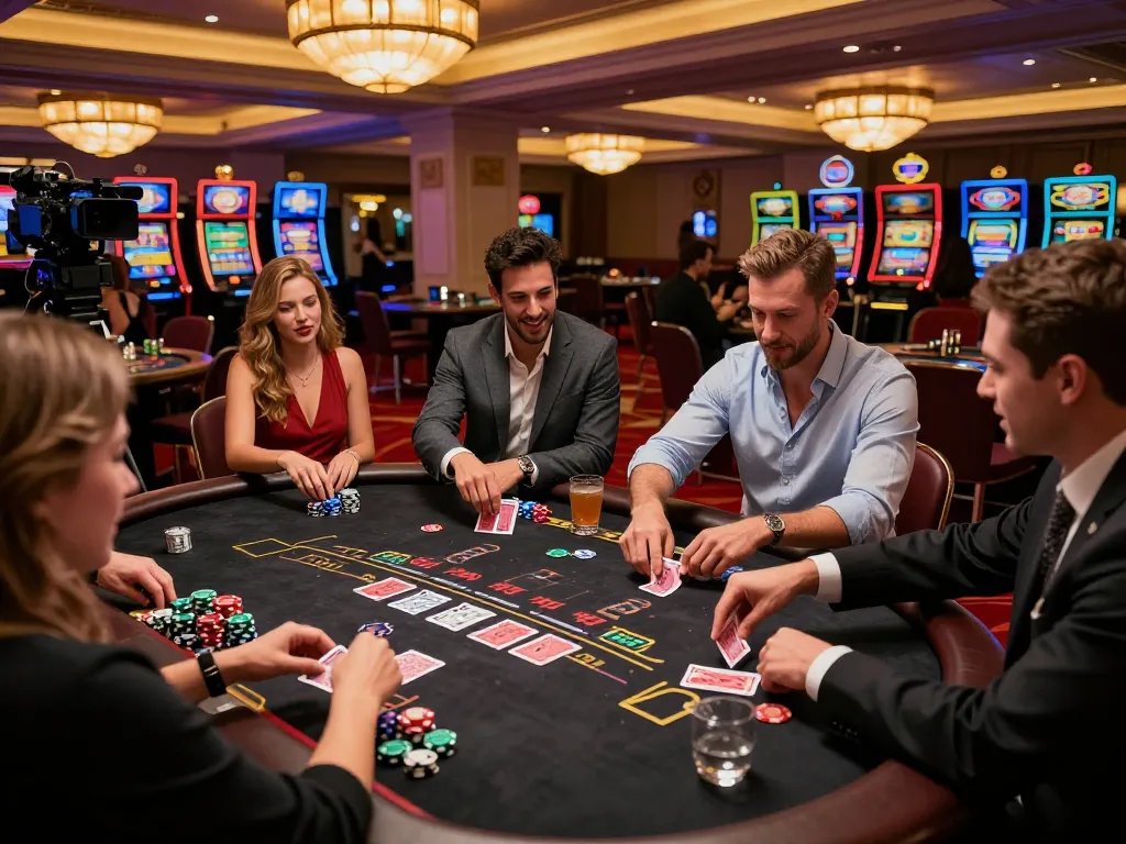 Sunwin players enjoying blackjack at an upscale casino table amidst vibrant decor and warm lighting