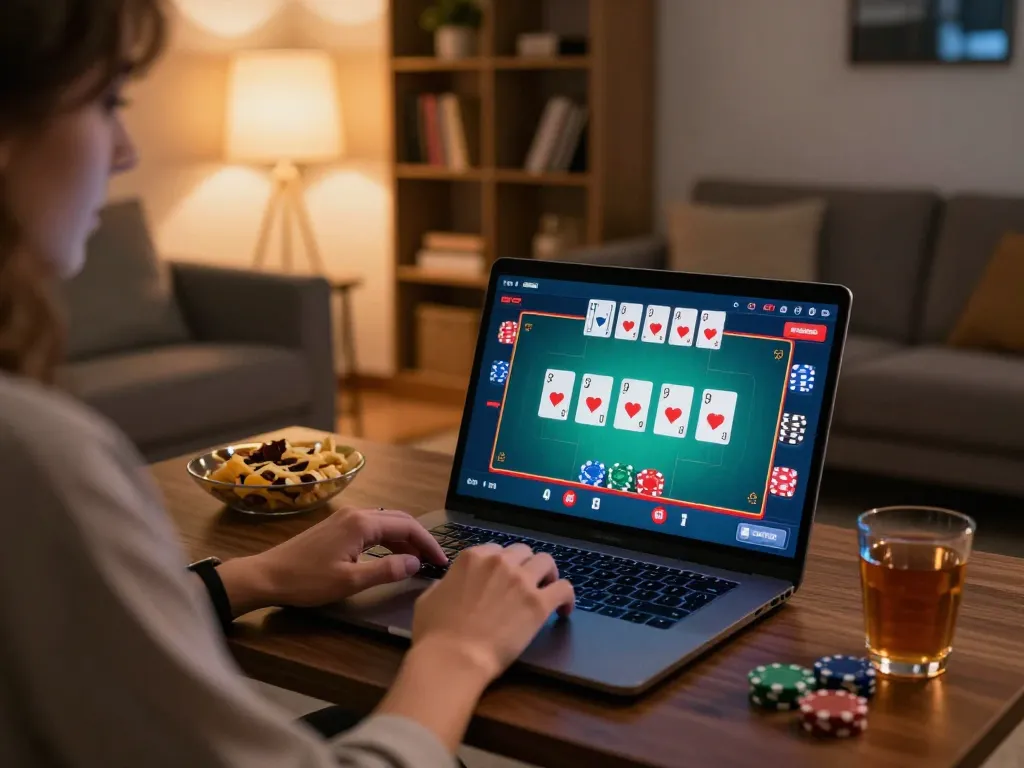 Player strategizing their next move on vipwin poker, cozy home environment