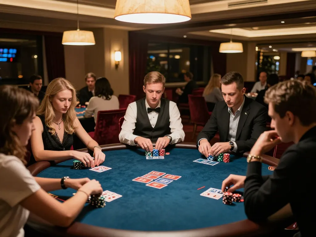 Players engaging in a strategic poker game at LLwin's elegant table with warm lighting