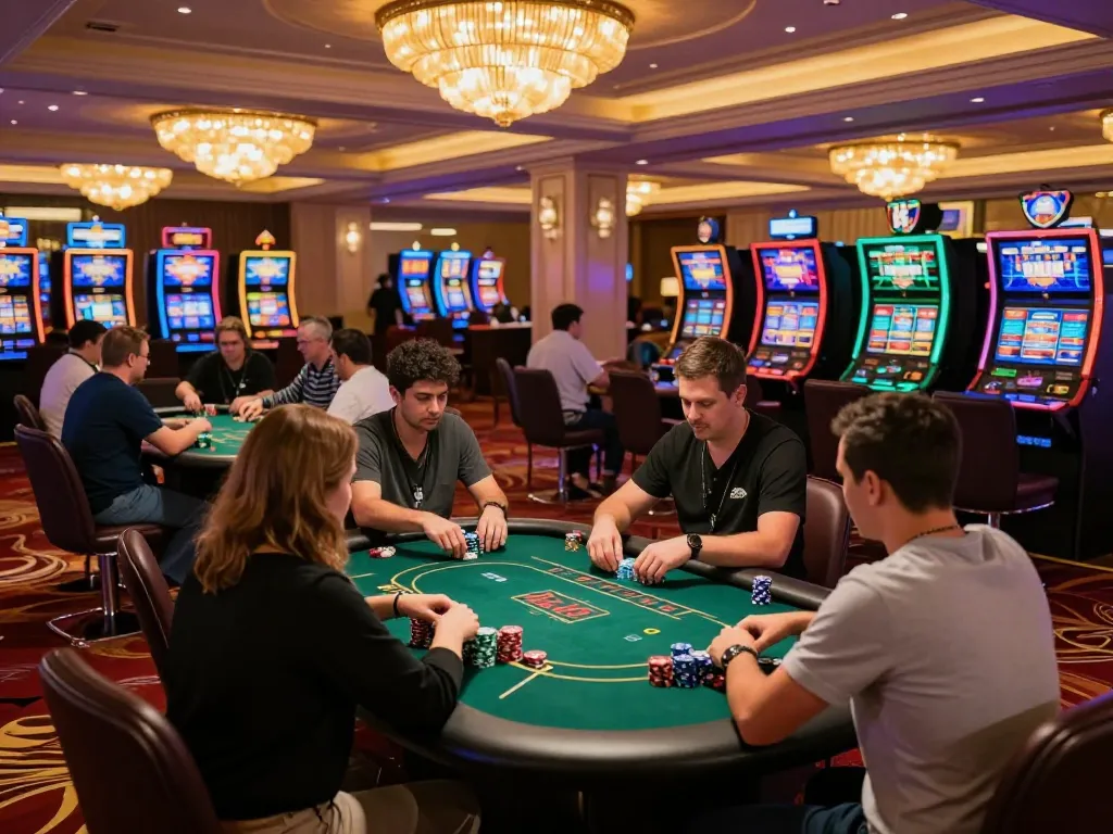 Engaged players at Kerajaanslot casino tables, showcasing thrilling poker gameplay