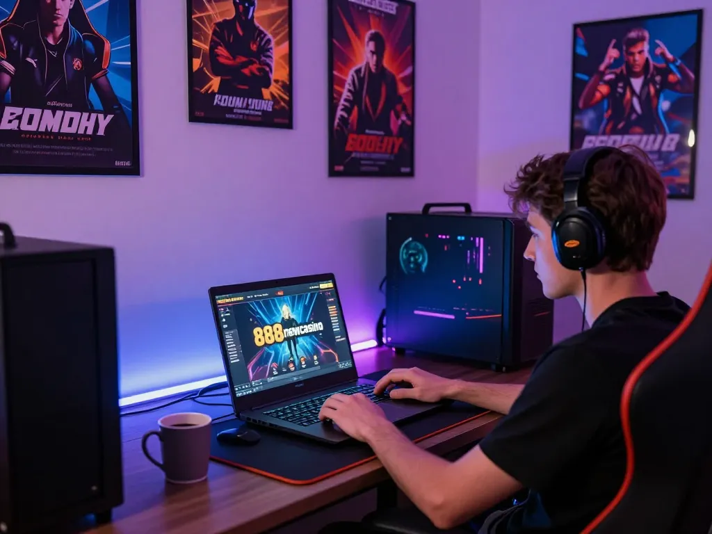 Engaging scene of a player strategizing on 888newcasino online gaming interface at a cozy home workspace.