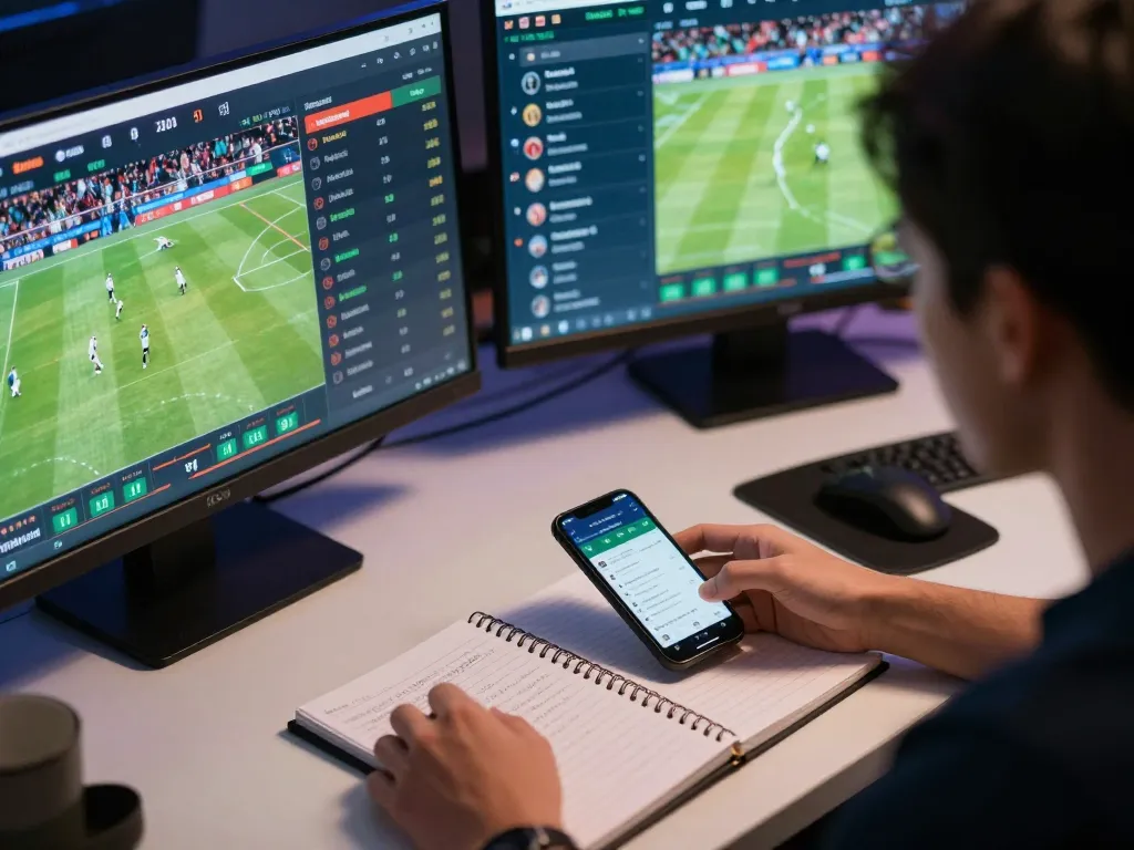 Kèo nhà cái active betting scene showing a player engaged with live sports odds on multiple screens