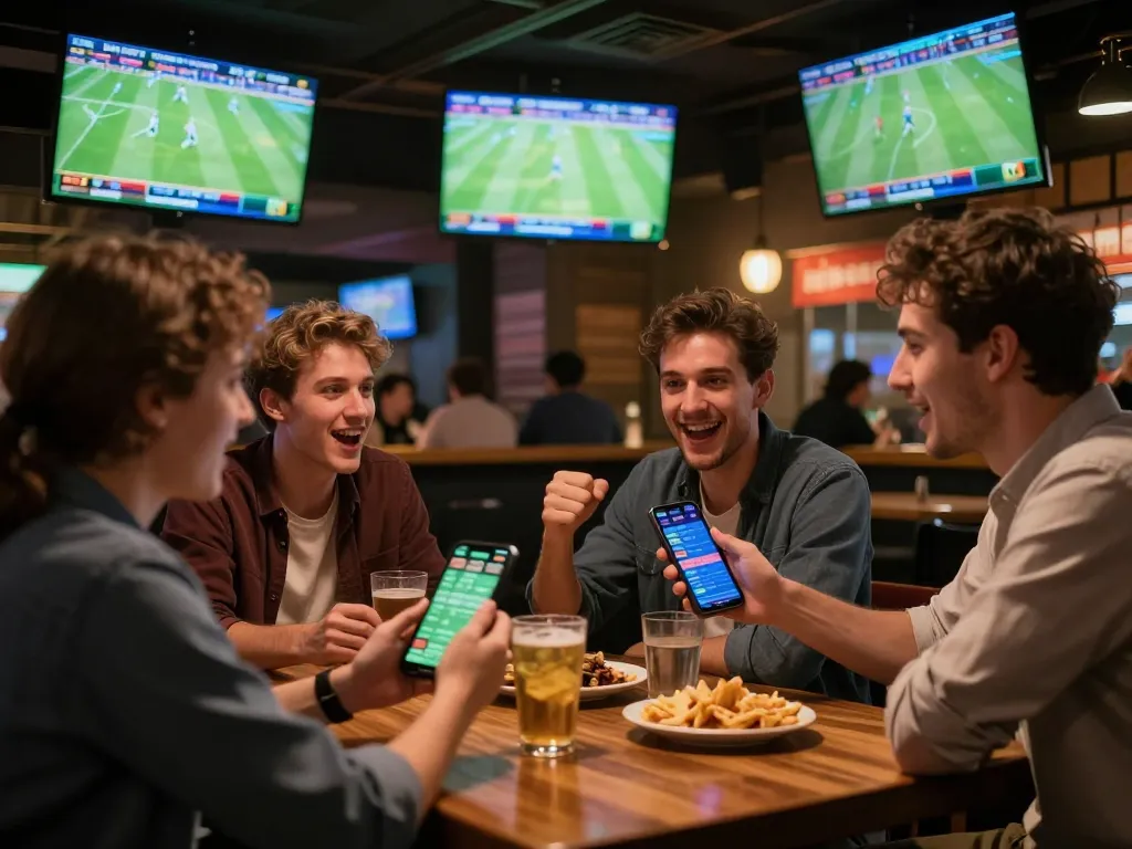 Xoilac viewers engaging in live sports betting with excitement at a modern sports bar during a match day.