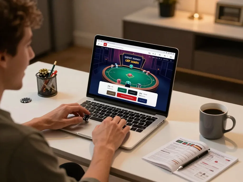 An engaged user strategizing poker at O8's online casino interface with warm lighting and personal touches.