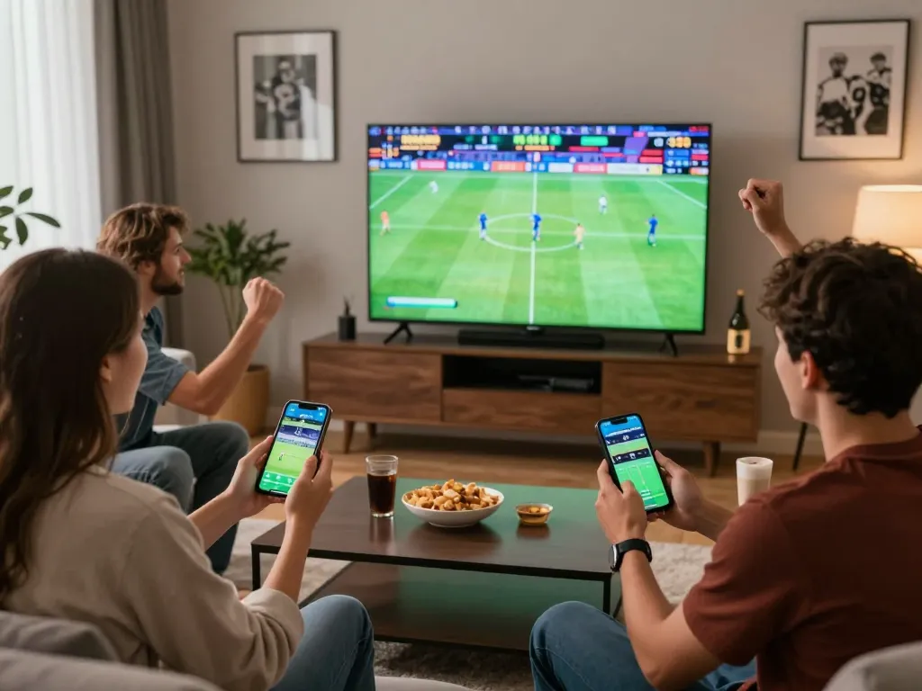 Friends enjoying an online betting game with the MM88 app in a cozy living room.