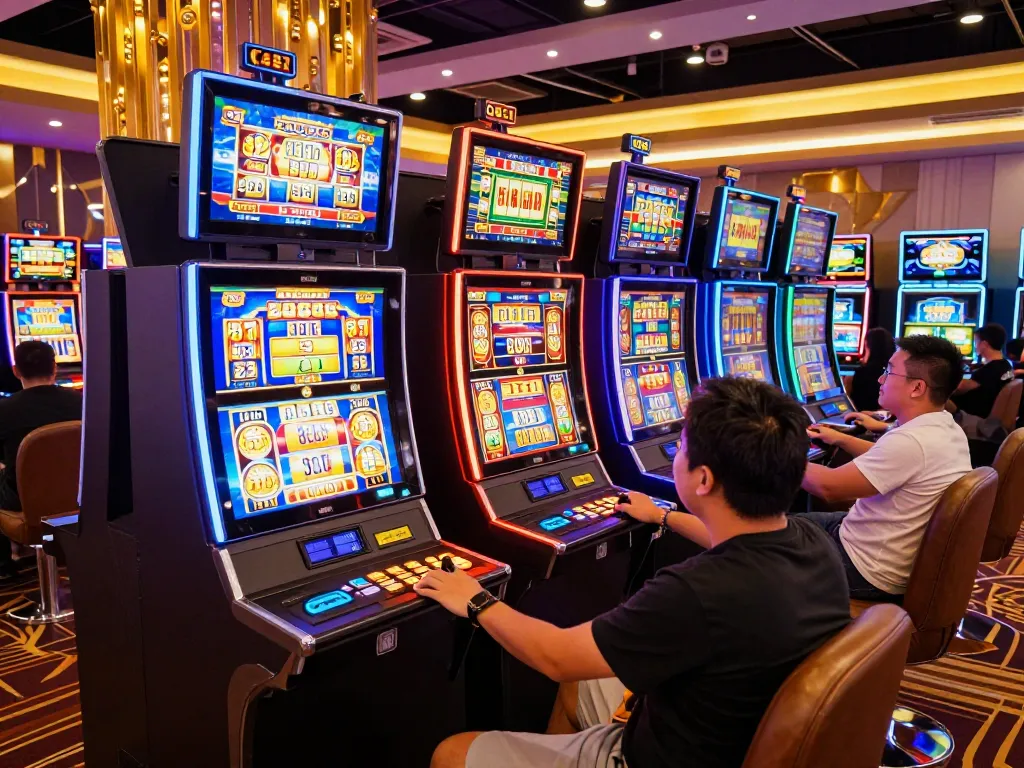 Players enjoying thrilling slot machines at O8 casino, showcasing excitement and engagement.