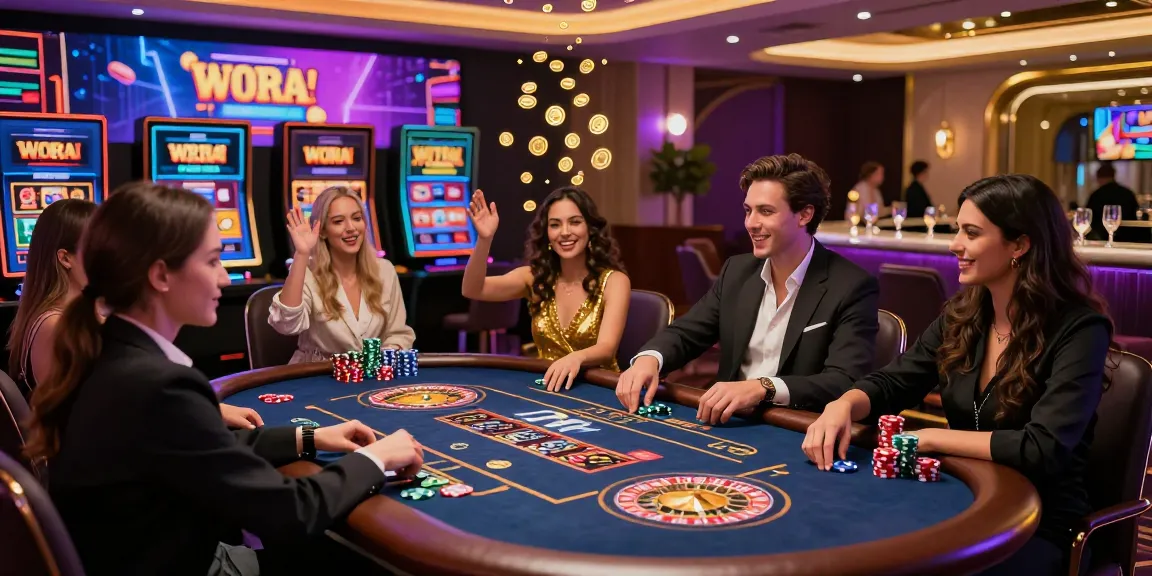 Scène dynamique de joueurs profitant du casino en ligne argent réel avec des jeux numériques passionnants et une atmosphère vibrante.