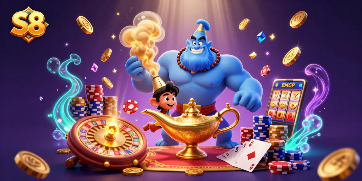 Experience thrilling moments at S8 casino, featuring vibrant games and a dynamic genie scene.
