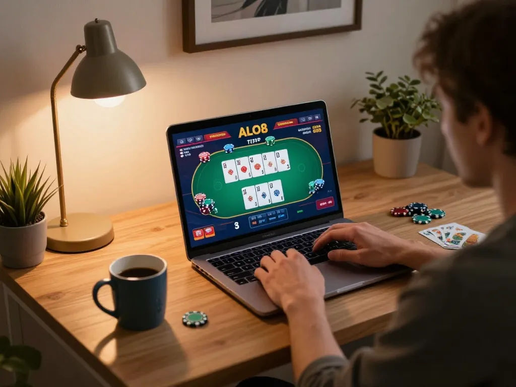 Engaged user playing ALO8 poker on laptop, showcasing comfortable home gaming atmosphere