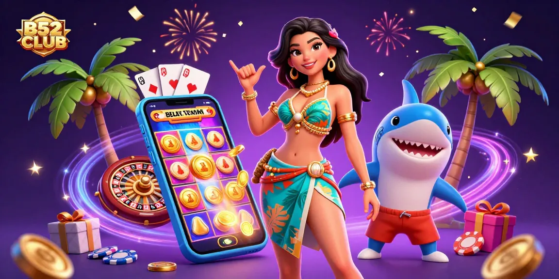 B52CLUB offers thrilling gameplay with a glamorous scene featuring vibrant slot games, celebrating wins!
