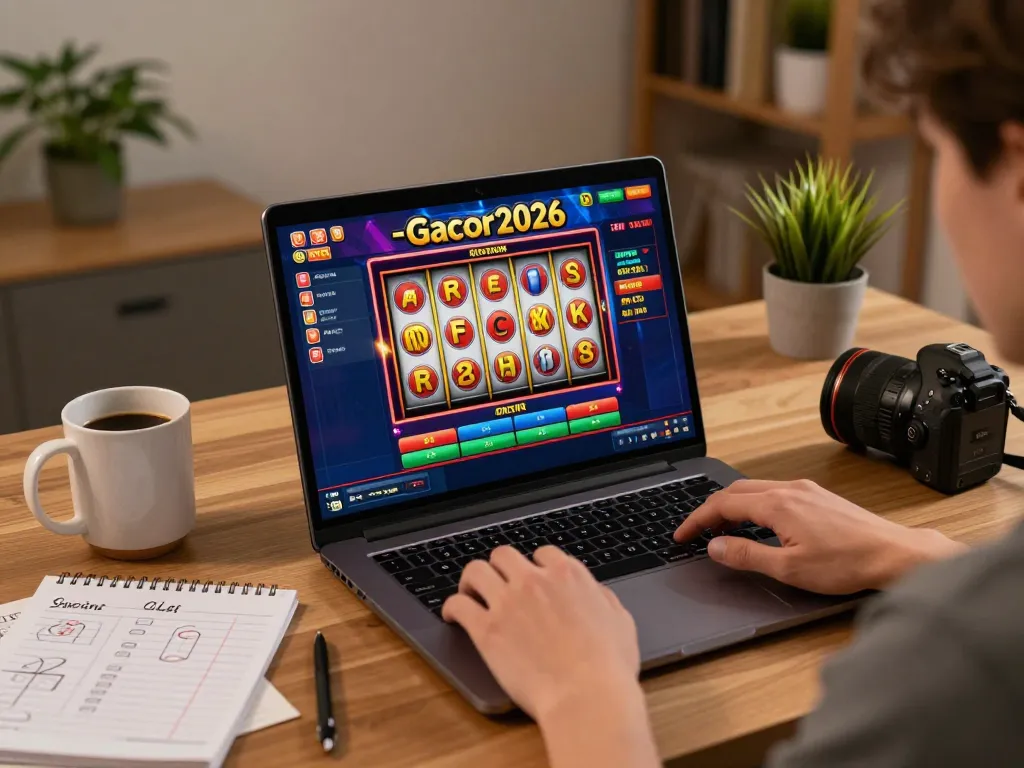 Engaging in slot-gacor2026 gameplay on a laptop with colorful casino interface, showcasing immersive online gaming.