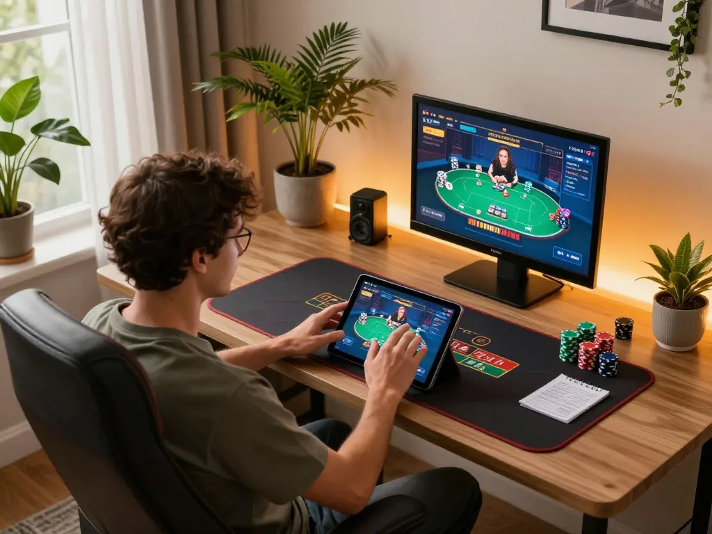 Engaged player using 28bet8 app on tablet with poker game screen, promoting online gaming strategies.