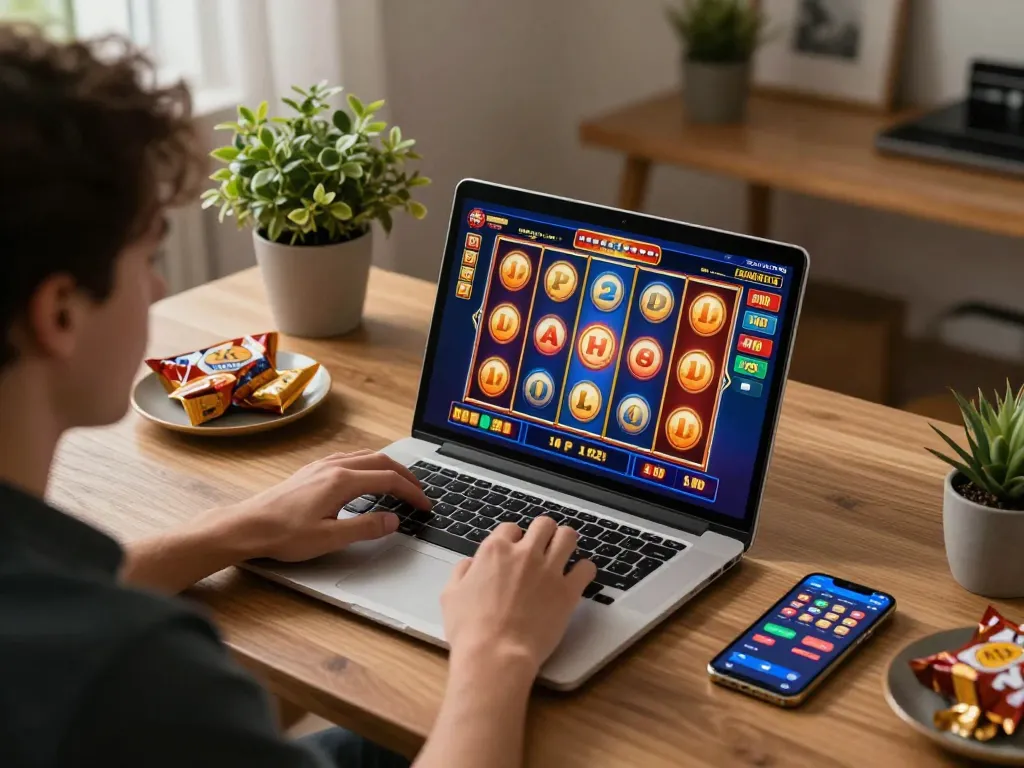 Player spinning the slot reels in an engaging online gaming session, surrounded by personal touches.