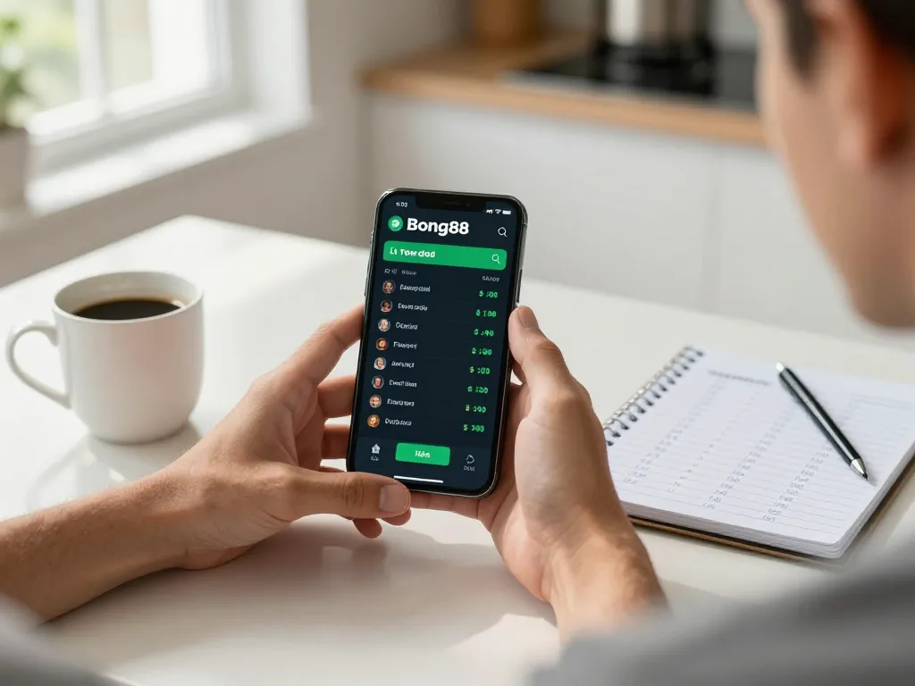 Player using the Bong88 app for sports betting while enjoying coffee at home, capturing online gaming excitement.