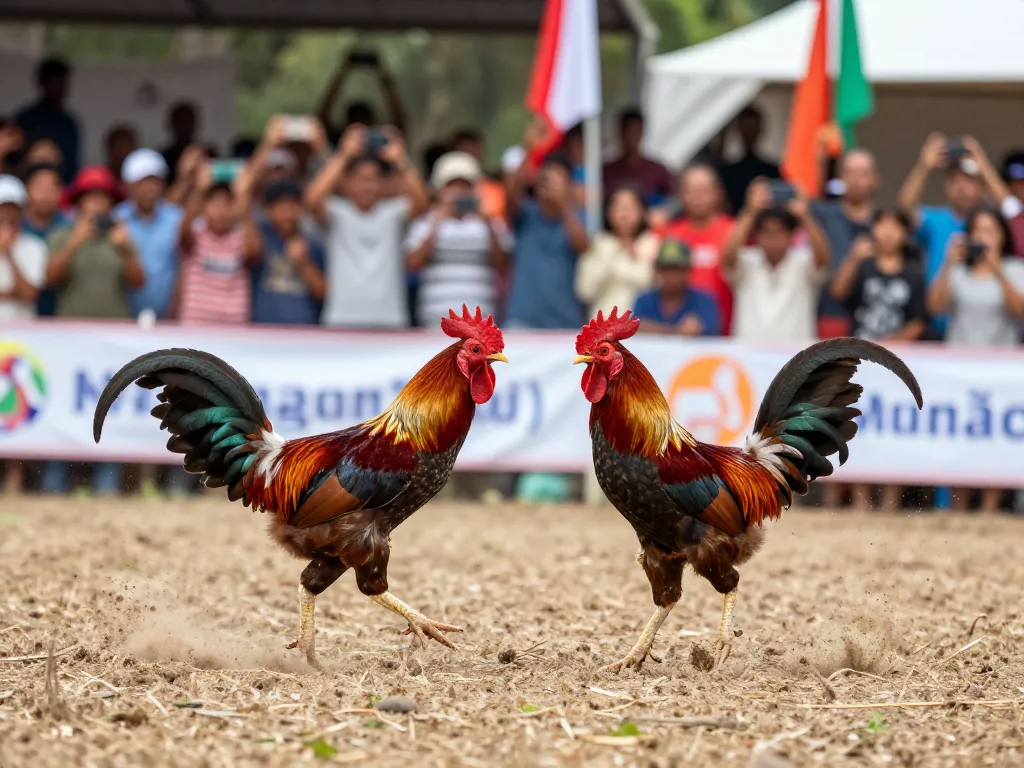 Watch trực tiếp đá gà with vibrant crowd excitement at a live cockfighting event.