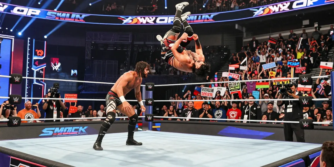 WWE SmackDown wrestling match showcasing intense action between two wrestlers under vibrant arena lights, with a lively crowd in the background.