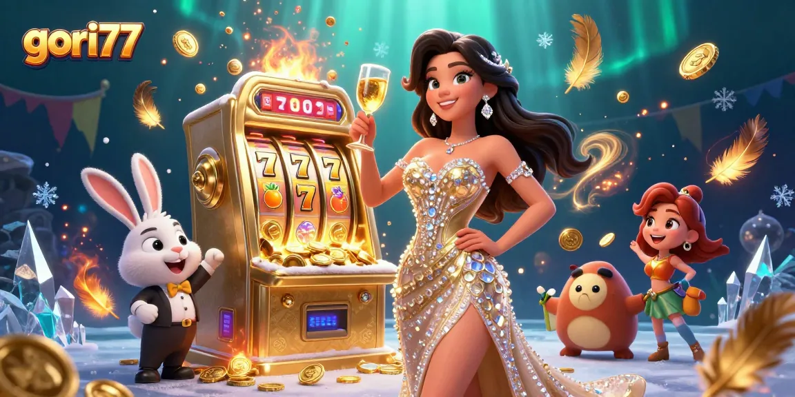 Experience thrilling slots with gori77, featuring a jackpot machine and a toast of victory.