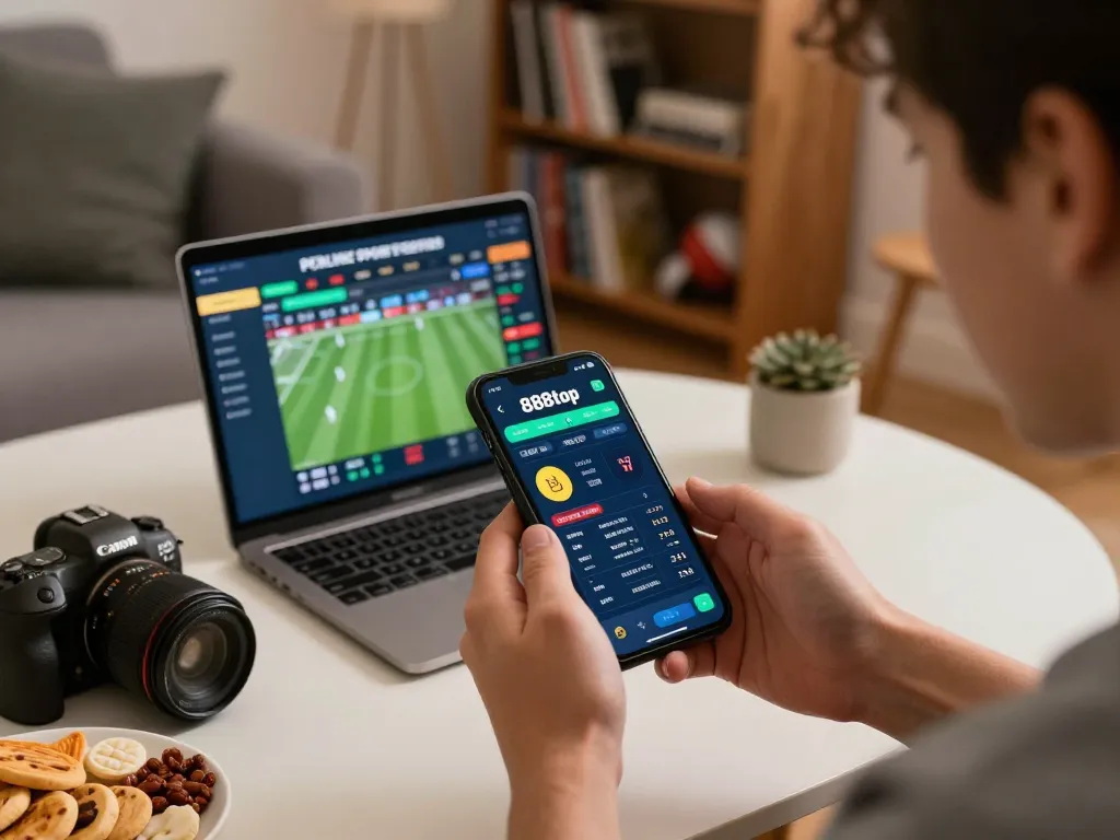 Engaging sports betting experience on 888top mobile app showing match odds and cozy home setup.