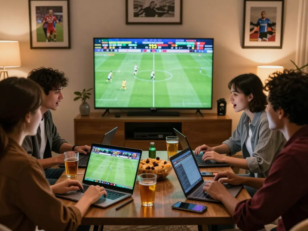 Friends enjoying kèo nhà cái while watching a live football match in a cozy atmosphere, discussing betting strategies.
