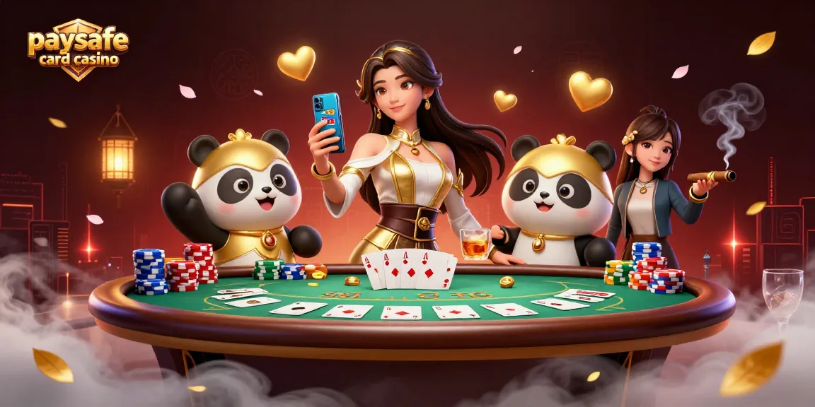 Fesselnde Szene eines Paysafe Card Casinos mit einer Frau und dem goldenen Panda-Maskottchen, das die lebendige Glücksspielatmosphäre präsentiert.