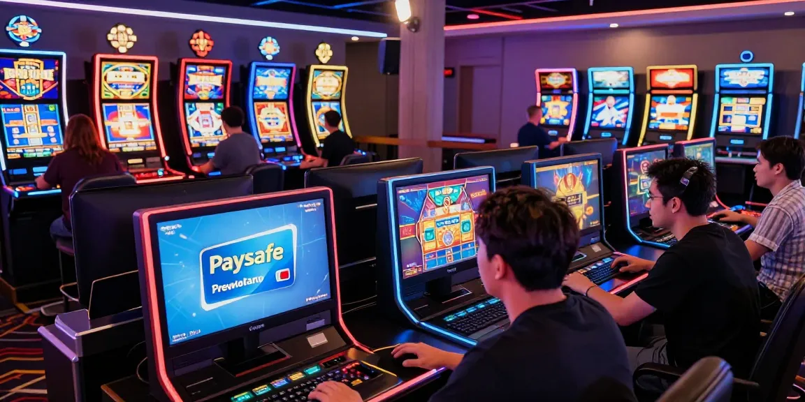 Atmosphäre eines Paysafe Card Casinos mit Spielern, die an lebendigen Online-Spielen teilnehmen.