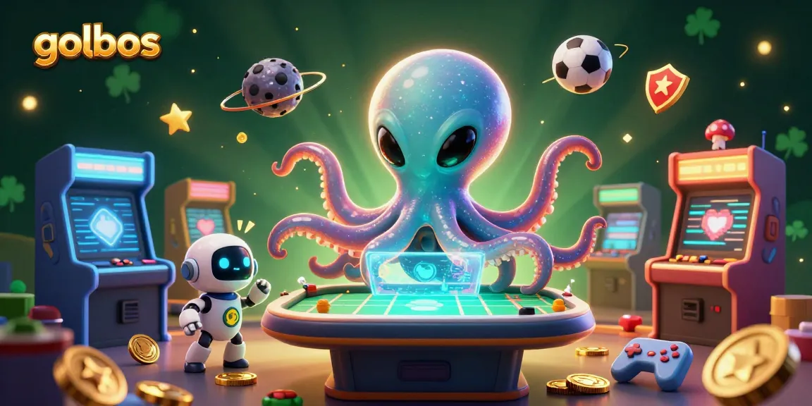 Bet with the golbos platform featuring a futuristic alien octopus at a holographic sports betting table, amidst vibrant gaming elements.