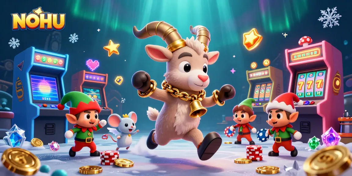 NOHU casino scene with Krampus, angels, and gremlins interacting amidst slot machines.
