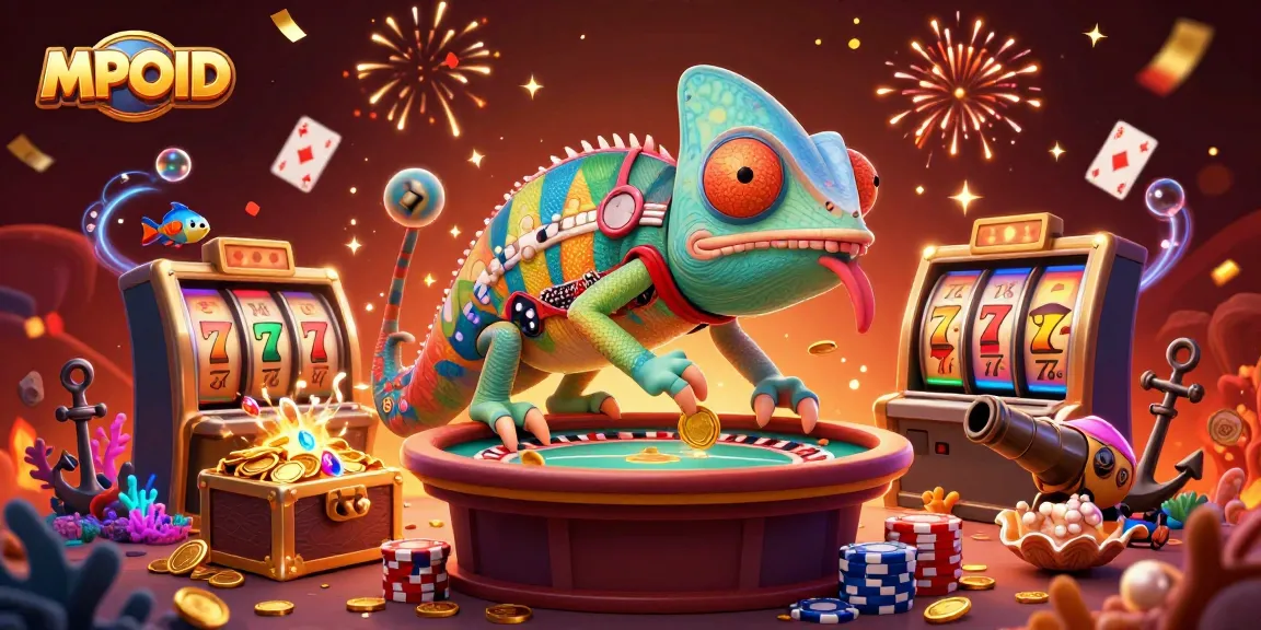 MPOID showcases a vibrant casino scene with a chameleon owner, slot reels, and gold coins.