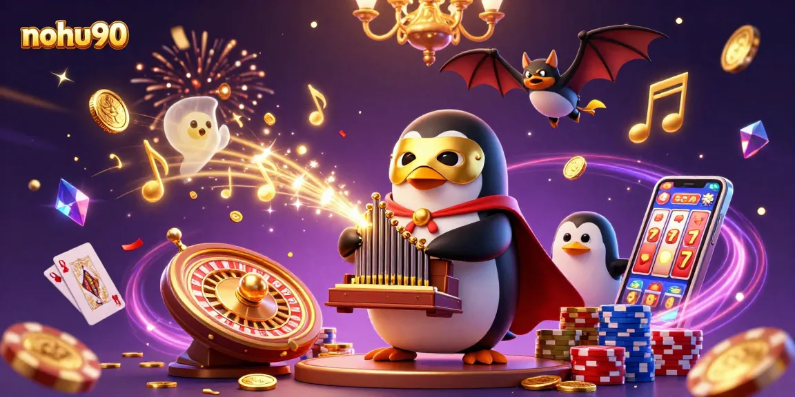 Win big with nohu90 as a whimsical penguin plays a golden organ in a vibrant casino scene.