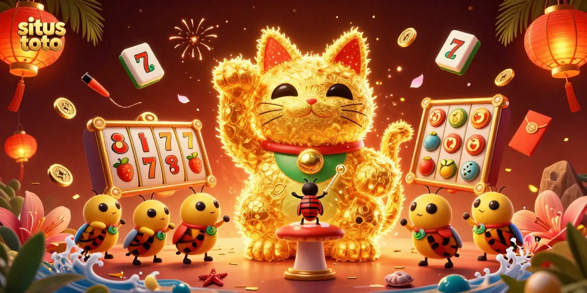 Experience excitement at situs toto with a lucky cat surrounded by vibrant casino symbols and festive elements.