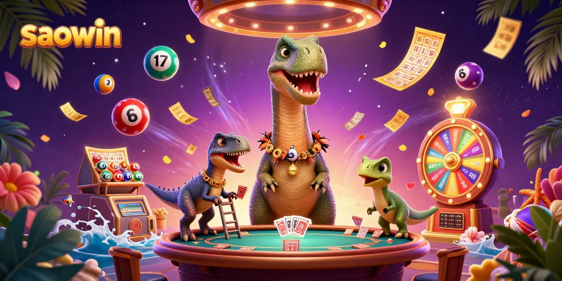 Experience saowin in this vibrant casino scene with a brontosaurus and clever raptor engaged in a lively game.