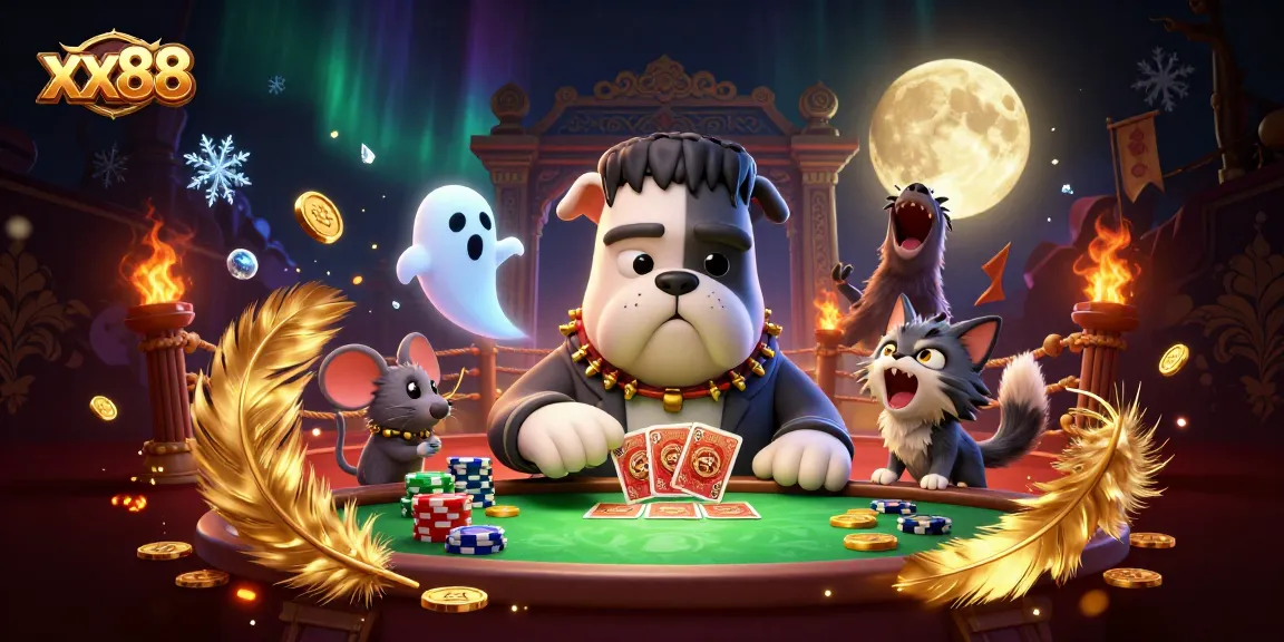 Experience thrilling gameplay with xx88 at a vibrant casino scene featuring a Frankenstein bulldog dealer and mystical elements.