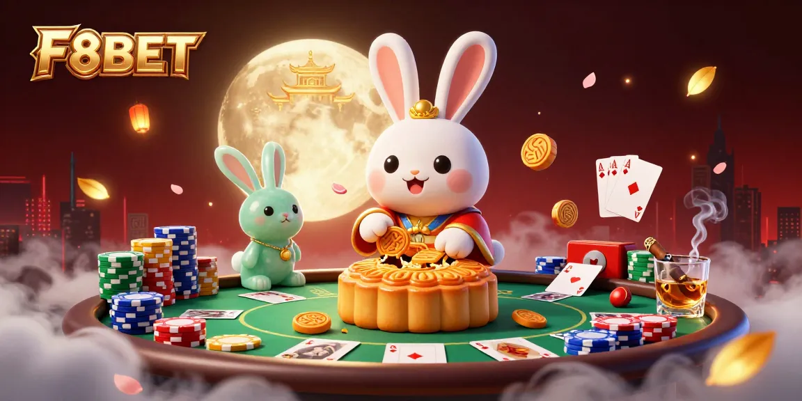 Experience F8BET with the rabbit and golden mooncakes as poker chips reveal thrilling casino adventures.