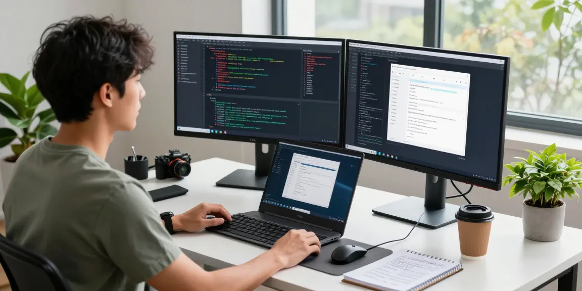 Pengguna mengakses https://codestus.com/posts/huong-dan-su-dung-usecallback-trong-react di ruang kerja modern dengan monitor dan laptop.