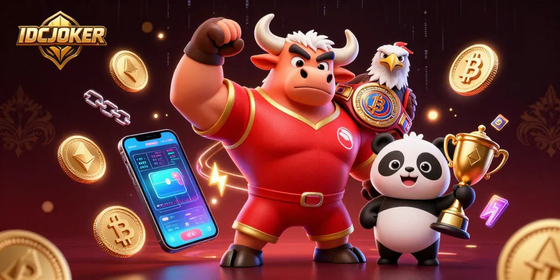 Engage with IDCJOKER's thrilling action showcased by a dynamic mascot and vibrant crypto elements.