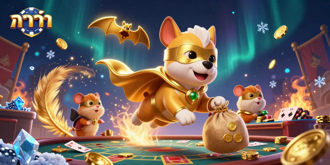 Baccarat excitement depicted with a superhero dog and hamster duo flying over a vibrant casino scene filled with gold coins and cards.