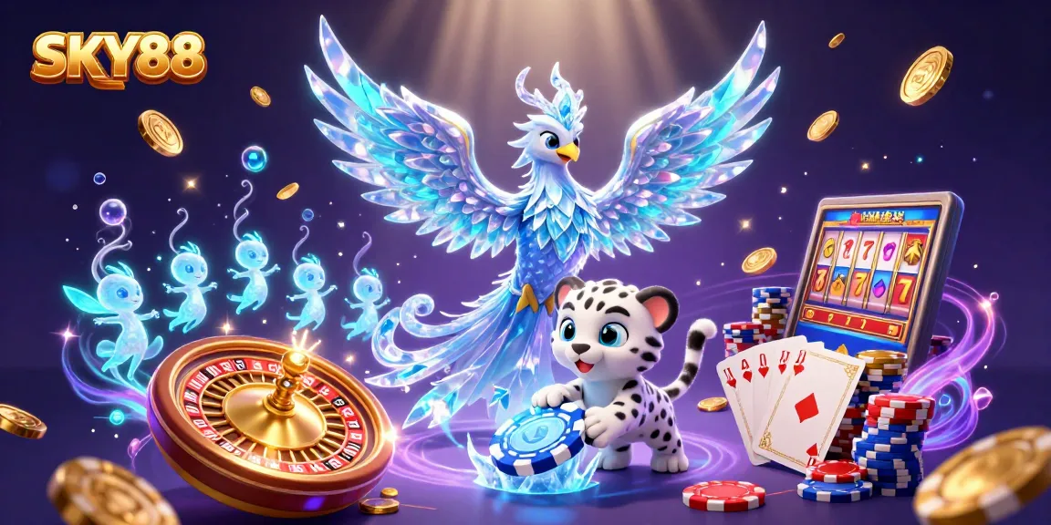 Sky88 players enjoy dynamic casino thrills with vibrant characters and games in an engaging scene.
